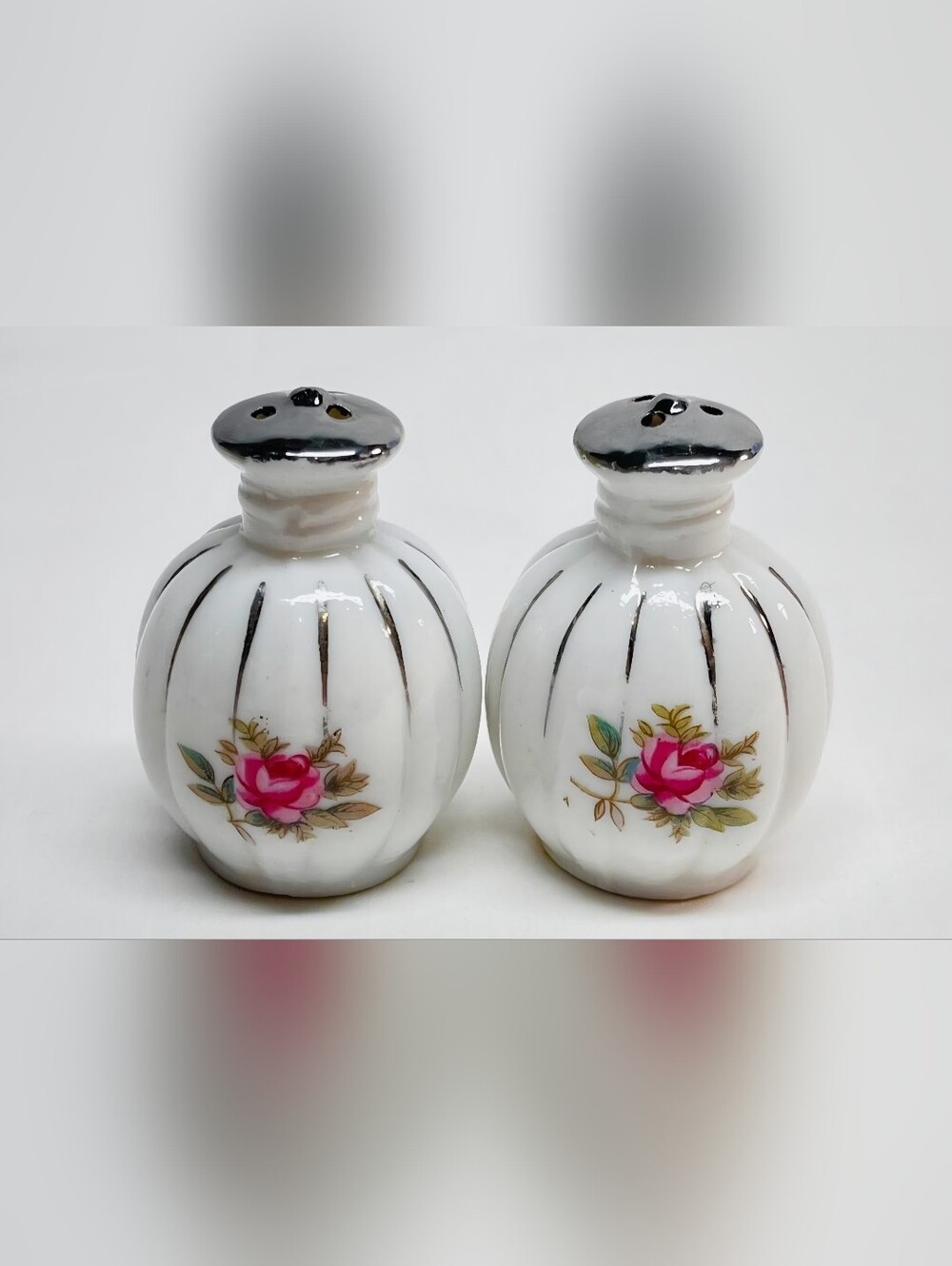 VINTAGE S & P Shakers Porcelain Silver Tops Rose Plastic Stoppers 1.5"Diax2.5"H
